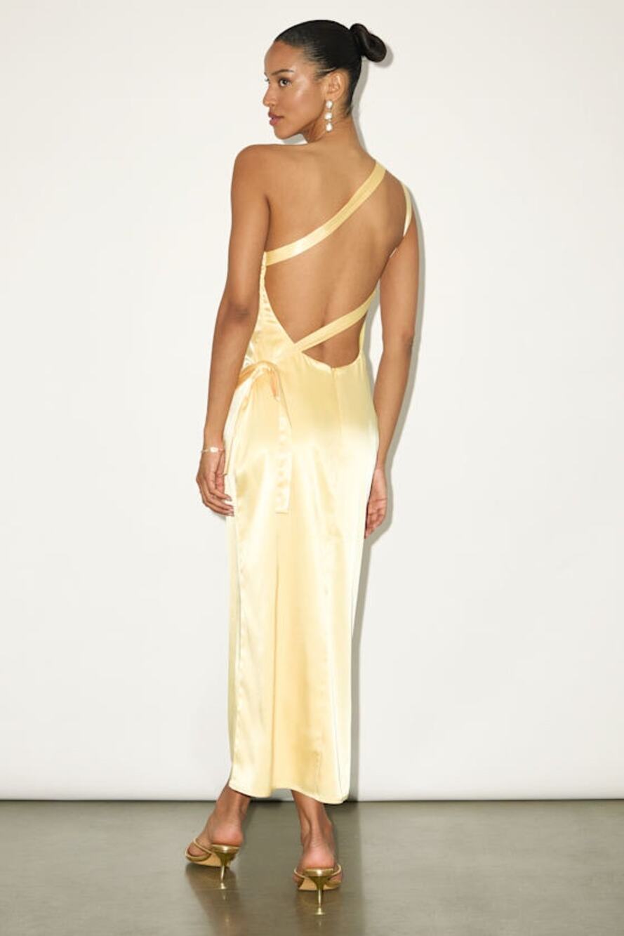 New Lulus Light Yellow Satin One-Shoulder Midi Dress Size Medium MSRP $69